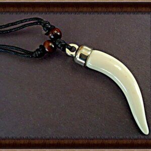 Handmade Wolf Tooth Design Necklace With Brown Beads & Black Rope Chain Unisex